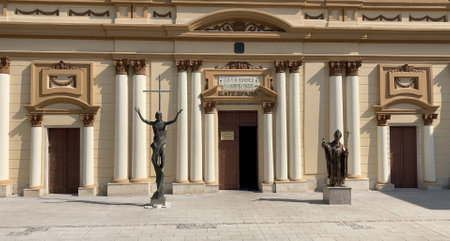 Cathedral of St. Louis in Plovdiv, Bulgaria. A beautiful Catholic church with statues and intricate details.の写真素材