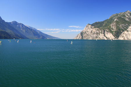 Garda Lake in Italy, surrounded by the Alpsの写真素材