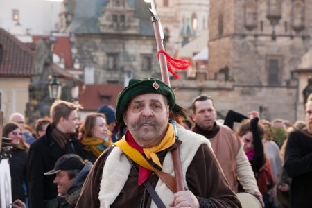 PRAGUE, CZECH REPUBLIC - APRIL 30, 2017: Participants of a costumed parade in the streets of Mala...