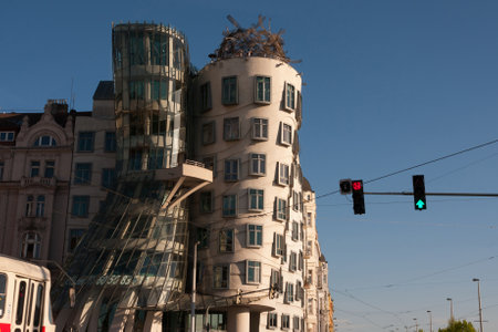 PRAGUE, CZECH REPUBLIC - APRIL 24, 2017: The Dancing House (Tancici dum), also called Ginger & Fred - Prague's most famous modern architecture buildingのeditorial素材