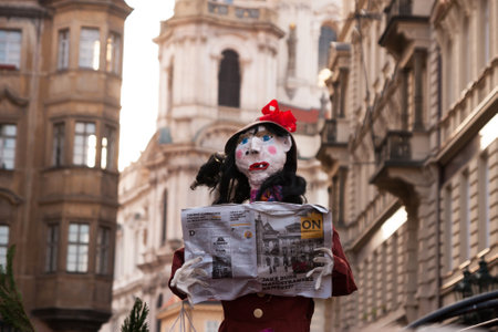PRAGUE, CZECH REPUBLIC - APRIL 30, 2017: Witch burning night ("carodejnice"): An effigy made from paper is being carried through Mala Strana to Kampa where it will be burnt on a bonfireのeditorial素材