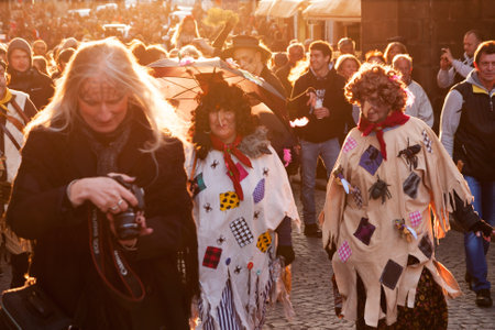PRAGUE, CZECH REPUBLIC - APRIL 30, 2017: Costumed parade in the streets of Prague on witch burning night ("carodejnice")のeditorial素材