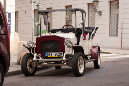PRAGUE, CZECH REPUBLIC - APRIL 21, 2017: Vintage Ford car parked in the streets of Pragueのeditorial素材
