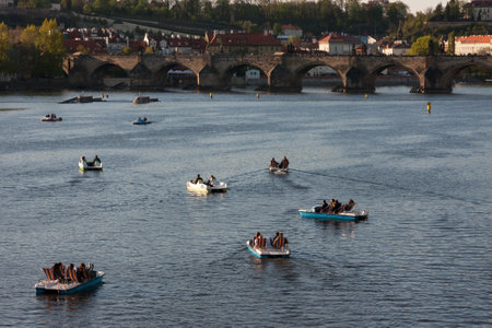PRAGUE, CZECH REPUBLIC - APRIL 24, 2017: Boats on the Vltava river