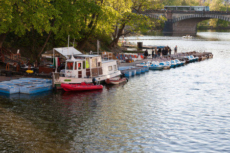 PRAGUE, CZECH REPUBLIC - APRIL 24, 2017: Boat rental on the Vltava riverのeditorial素材