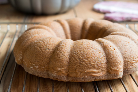 Circular Bundt cake freshly taken out of the ovenの写真素材