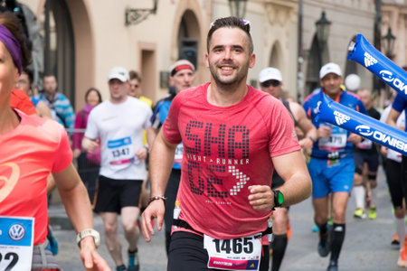 PRAGUE, CZECH REPUBLIC - MAY 7, 2017: Happy runner at the Prague International Marathonのeditorial素材