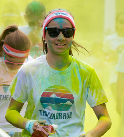 PRAGUE, CZECH REPUBLIC - JUNE 3, 2017: Girl participating in the Color Run (a fun race) in Pragueのeditorial素材