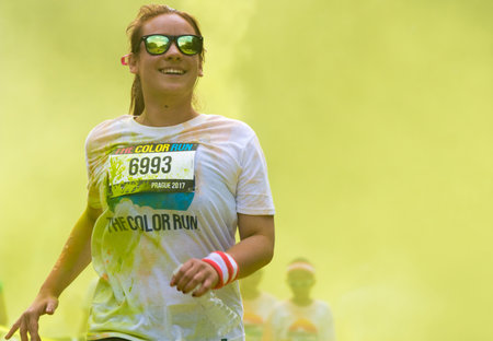 PRAGUE, CZECH REPUBLIC - JUNE 3, 2017: Women participating in the Color Run (a fun race) in Pragueのeditorial素材