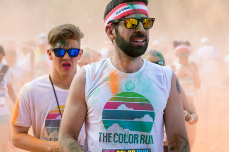 PRAGUE, CZECH REPUBLIC - JUNE 3, 2017: Men participating in the Color Run (a fun race) in Pragueのeditorial素材
