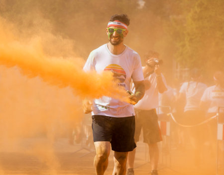 PRAGUE, CZECH REPUBLIC - JUNE 3, 2017: Man participating in the Color Run (a fun race) in Pragueのeditorial素材