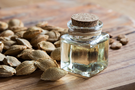 A bottle of apricot kernel oil with apricot kernels on a wooden backgroundの写真素材