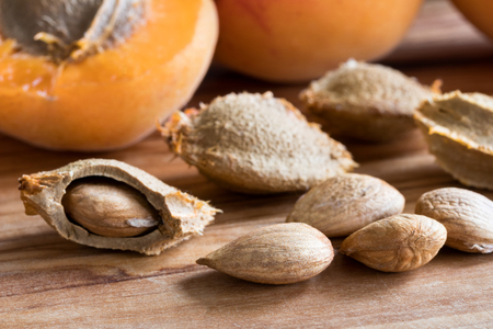 Apricot kernels and apricots on a wooden backgroundの写真素材