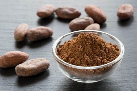 Raw unroasted cocoa powder and raw cacao nibs on a dark backgroundの写真素材