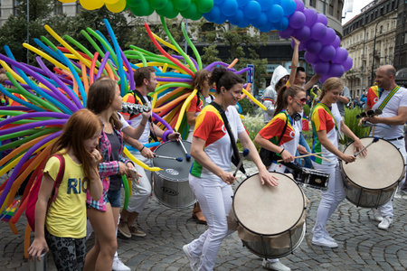 PRAGUE, CZECH REPUBLIC - AUGUST 12, 2017: Batucada musicians participating in Prague Pride - a big gay & lesbian prideのeditorial素材