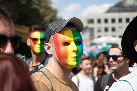 PRAGUE, CZECH REPUBLIC - AUGUST 12, 2017: Masked man participating in Prague Pride - a big gay &...