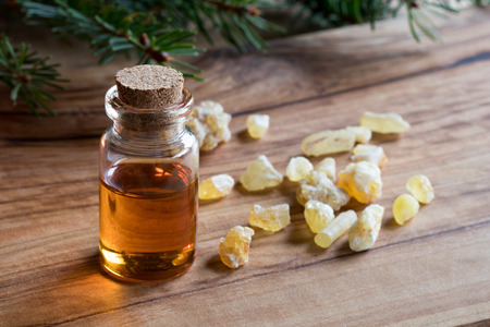 A bottle of frankincense essential oil with frankincense resin crystals and spruce branches in the backgroundの写真素材