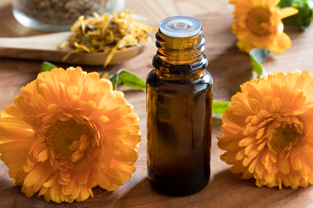 A dark bottle of calendula essential oil on a wooden table, with calendula flowers in the foregroundの写真素材