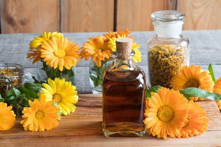 A bottle of calendula (marigold) tincture on a wooden table, with fresh and dry calendula flowers in the backgroundの写真素材