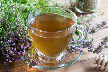 A cup of Breckland thyme (thymus serpyllum) tea, with fresh Breckland thyme twigs on a wooden tableの写真素材