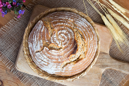 A loaf of sourdough bread in a basket, top view
