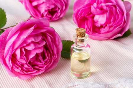A transparent bottle of essential oil with fresh rosesの写真素材