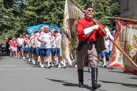 PRAGUE, CZECH REPUBLIC - JULY 1, 2018: Men parading at Sokolsky Slet, a once-every-six-years gathering of the Sokol movement - a Czech sports associationのeditorial素材