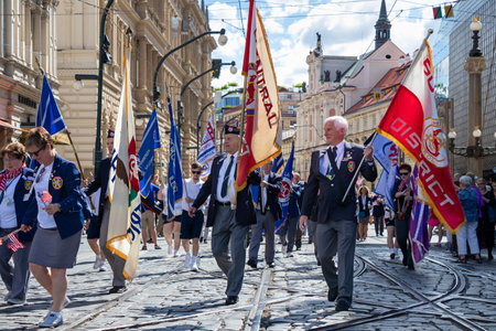 PRAGUE, CZECH REPUBLIC - JULY 1, 2018: American visitors parading at Sokolsky Slet, a once-every-six-years gathering of the Sokol movement - a Czech sports associationのeditorial素材
