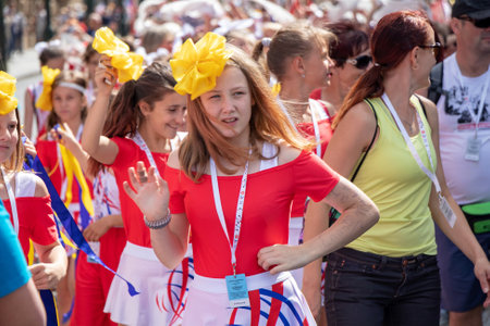 PRAGUE, CZECH REPUBLIC - JULY 1, 2018: People parading at Sokolsky Slet, a once-every-six-years gathering of the Sokol movement - a Czech sports associationのeditorial素材