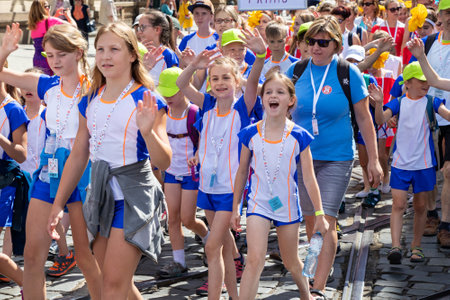 PRAGUE, CZECH REPUBLIC - JULY 1, 2018: Children parading at Sokolsky Slet, a once-every-six-years gathering of the Sokol movement - a Czech sports associationのeditorial素材