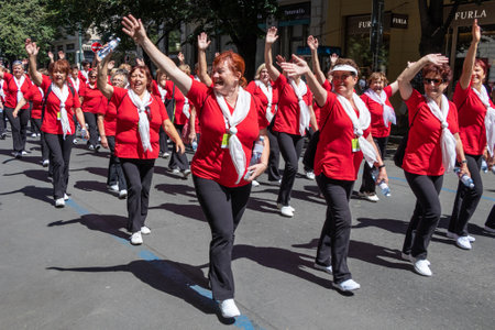 PRAGUE, CZECH REPUBLIC - JULY 1, 2018: Women parading at Sokolsky Slet, a once-every-six-years...