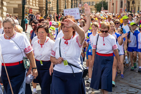 PRAGUE, CZECH REPUBLIC - JULY 1, 2018: Women parading at Sokolsky Slet, a once-every-six-years gathering of the Sokol movement - a Czech sports associationのeditorial素材