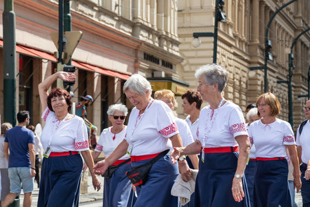 PRAGUE, CZECH REPUBLIC - JULY 1, 2018: Women parading at Sokolsky Slet, a once-every-six-years gathering of the Sokol movement - a Czech sports associationのeditorial素材
