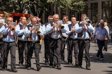 PRAGUE, CZECH REPUBLIC - JULY 1, 2018: Musicians parading at Sokolsky Slet, a once-every-six-years...
