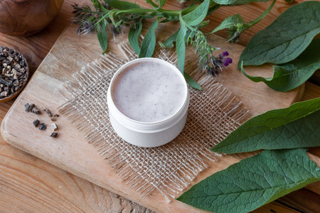 A jar of homemade comfrey ointment with fresh plant and dried rootの写真素材