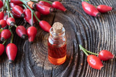 A bottle of rosehip seed oil with fresh plantの写真素材