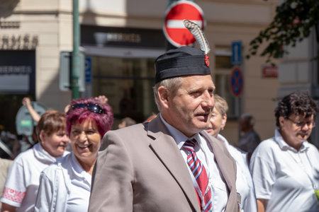 PRAGUE, CZECH REPUBLIC - JULY 1, 2018: People parading at Sokolsky Slet, a once-every-six-years gathering of the Sokol movement - a Czech sports associationのeditorial素材