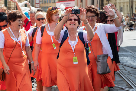 PRAGUE, CZECH REPUBLIC - JULY 1, 2018: Women parading at Sokolsky Slet, a once-every-six-years gathering of the Sokol movement - a Czech sports associationのeditorial素材