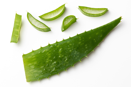 Whole and sliced aloe vera leaf on a white backgroundの写真素材