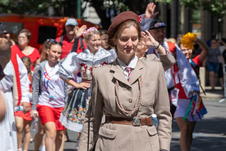 PRAGUE, CZECH REPUBLIC - JULY 1, 2018: People parading at Sokolsky Slet, a once-every-six-years gathering of the Sokol movement - a Czech sports associationのeditorial素材