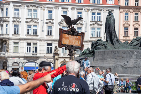 PRAGUE, CZECH REPUBLIC - JULY 1, 2018: Visitors from Vienna at Sokolsky Slet, a once-every-six-years gathering of the Sokol movement - a Czech sports associationのeditorial素材