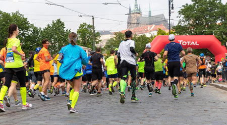 PRAGUE, CZECH REPUBLIC - MAY 7, 2017: Runners participating in the Prague International Marathonのeditorial素材