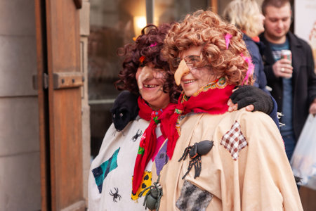PRAGUE, CZECH REPUBLIC - APRIL 30, 2017: Costumed women in the streets of Prague during the carodejnice festival, or witch burning nightのeditorial素材