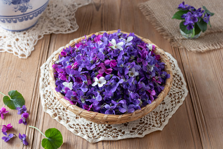 Wood violet flowers in a basket on a table
