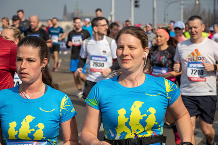 PRAGUE, CZECH REPUBLIC - APRIL 6, 2019: Women runners participating in the Sportisimo Prague Half Marathonのeditorial素材