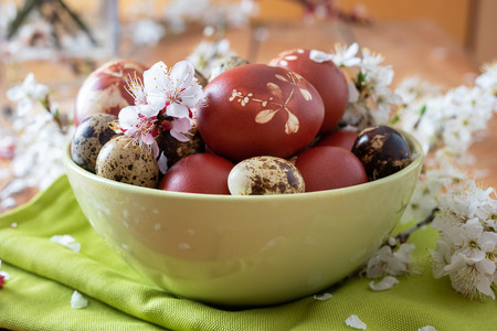 Quail and Easter eggs dyed with onion peels with a pattern of fresh herbs in a green bowl with...