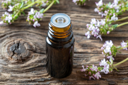 A bottle of essential oil with fresh blooming thyme の写真素材
