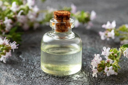 A bottle of essential oil with blooming thyme on a dark backgroundの写真素材