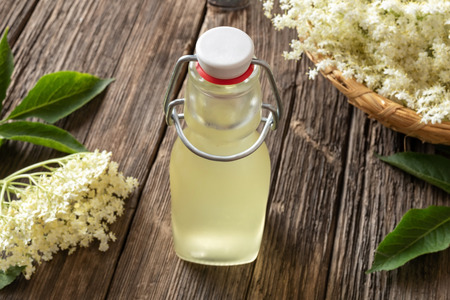 A bottle of homemade herbal syrup made from fresh elder flowersの写真素材