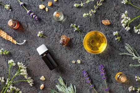 Bottles of essential oil with frankincense, valerian, lavender and other herbs on a dark backgroundの写真素材